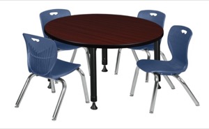 Kee 42" Round Height Adjustable Classroom Table  - Mahogany & 4 Andy 12-in Stack Chairs - Navy Blue