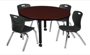 Kee 42" Round Height Adjustable Classroom Table  - Mahogany & 4 Andy 12-in Stack Chairs - Black