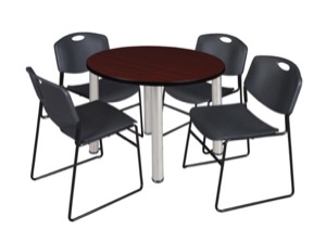 Kee 42" Round Breakroom Table - Mahogany/ Chrome & 4 Zeng Stack Chairs - Black