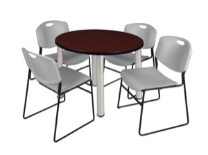 Kee 42" Round Breakroom Table - Mahogany/ Chrome & 4 Zeng Stack Chairs - Grey
