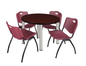 Kee 42" Round Breakroom Table - Mahogany/ Chrome & 4 'M' Stack Chairs - Burgundy