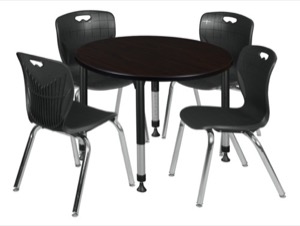 Kee 42" Round Height Adjustable Classroom Table  - Mocha Walnut & 4 Andy 18-in Stack Chairs - Black