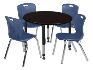 Kee 42" Round Height Adjustable Classroom Table  - Mocha Walnut & 4 Andy 18-in Stack Chairs - Navy Blue