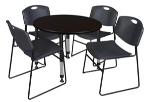 Kee 42" Round Height Adjustable Classroom Table  - Mocha Walnut & 4 Zeng Stack Chairs - Black