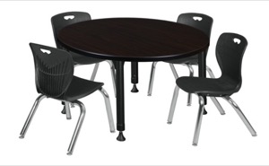 Kee 42" Round Height Adjustable Classroom Table  - Mocha Walnut & 4 Andy 12-in Stack Chairs - Black