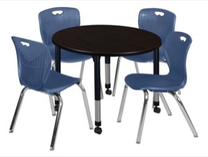 Kee 42" Round Height Adjustable Classroom Table  - Mocha Walnut & 4 Andy 18-in Stack Chairs - Navy Blue