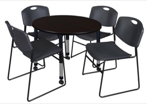 Kee 42" Round Height Adjustable Mobile Classroom Table  - Mocha Walnut & 4 Zeng Stack Chairs - Black