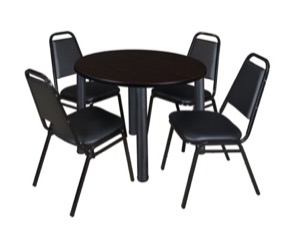 Kee 42" Round Breakroom Table - Mocha Walnut/ Black & 4 Restaurant Stack Chairs - Black