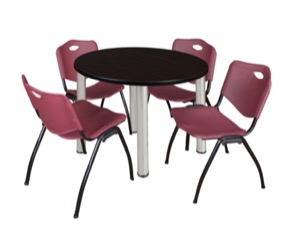 Kee 42" Round Breakroom Table - Mocha Walnut/ Chrome & 4 'M' Stack Chairs - Burgundy