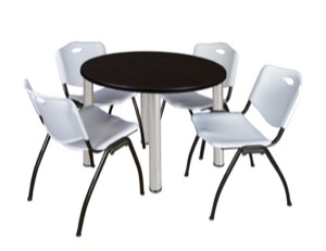Kee 42" Round Breakroom Table - Mocha Walnut/ Chrome & 4 'M' Stack Chairs - Grey