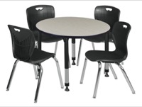 Kee 42" Round Height Adjustable Classroom Table  - Maple & 4 Andy 18-in Stack Chairs - Black