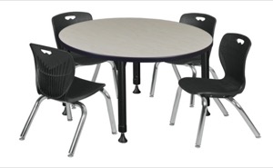 Kee 42" Round Height Adjustable Classroom Table  - Maple & 4 Andy 12-in Stack Chairs - Black