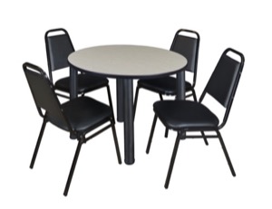 Kee 42" Round Breakroom Table - Maple/ Black & 4 Restaurant Stack Chairs - Black