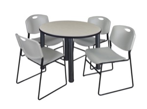 Kee 42" Round Breakroom Table - Maple/ Black & 4 Zeng Stack Chairs - Grey