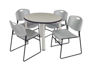 Kee 42" Round Breakroom Table - Maple/ Chrome & 4 Zeng Stack Chairs - Grey