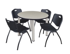 Kee 42" Round Breakroom Table - Maple/ Chrome & 4 'M' Stack Chairs - Black