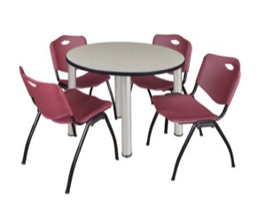 Kee 42" Round Breakroom Table - Maple/ Chrome & 4 'M' Stack Chairs - Burgundy