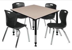 Kee 48" Square Height Adjustable  Classroom Table  - Beige & 4 Andy 18-in Stack Chairs - Black