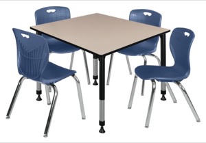 Kee 48" Square Height Adjustable  Classroom Table  - Beige & 4 Andy 18-in Stack Chairs - Navy Blue