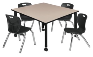 Kee 48" Square Height Adjustable Mobile  Classroom Table  - Beige & 4 Andy 12-in Stack Chairs - Black