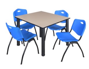 Kee 48" Square Breakroom Table - Beige/ Black & 4 'M' Stack Chairs - Blue