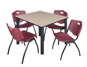 Kee 48" Square Breakroom Table - Beige/ Black & 4 'M' Stack Chairs - Burgundy