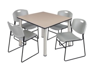 Kee 48" Square Breakroom Table - Beige/ Chrome & 4 Zeng Stack Chairs - Grey