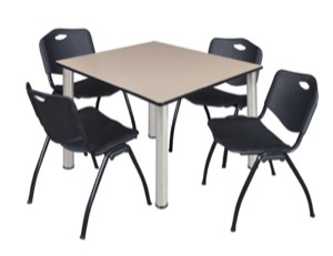 Kee 48" Square Breakroom Table - Beige/ Chrome & 4 'M' Stack Chairs - Black