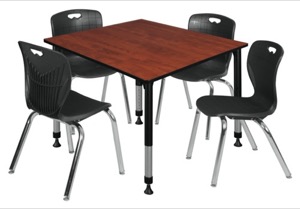 Kee 48" Square Height Adjustable  Classroom Table  - Cherry & 4 Andy 18-in Stack Chairs - Black