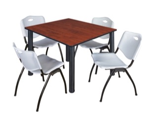 Kee 48" Square Breakroom Table - Cherry/ Black & 4 'M' Stack Chairs - Grey