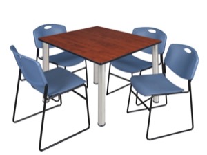 Kee 48" Square Breakroom Table - Cherry/ Chrome & 4 Zeng Stack Chairs - Blue