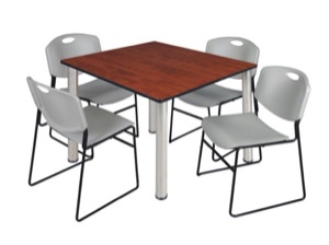 Kee 48" Square Breakroom Table - Cherry/ Chrome & 4 Zeng Stack Chairs - Grey