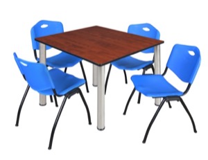 Kee 48" Square Breakroom Table - Cherry/ Chrome & 4 'M' Stack Chairs - Blue
