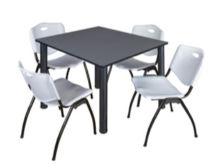 Kee 48" Square Breakroom Table - Grey/ Black & 4 'M' Stack Chairs - Grey