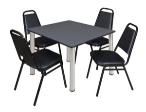 Kee 48" Square Breakroom Table - Grey/ Chrome & 4 Restaurant Stack Chairs - Black