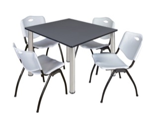 Kee 48" Square Breakroom Table - Grey/ Chrome & 4 'M' Stack Chairs - Grey