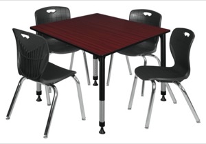Kee 48" Square Height Adjustable Classroom Table  - Mahogany & 4 Andy 18-in Stack Chairs - Black