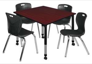 Kee 48" Square Height Adjustable Moblie Classroom Table  - Mahogany & 4 Andy 18-in Stack Chairs - Black
