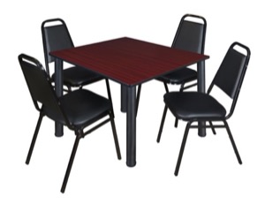Kee 48" Square Breakroom Table - Mahogany/ Black & 4 Restaurant Stack Chairs - Black