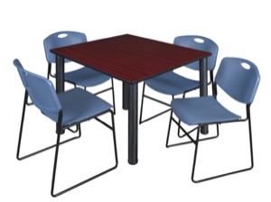 Kee 48" Square Breakroom Table - Mahogany/ Black & 4 Zeng Stack Chairs - Blue