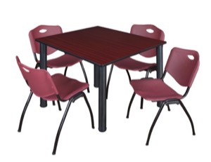 Kee 48" Square Breakroom Table - Mahogany/ Black & 4 'M' Stack Chairs - Burgundy