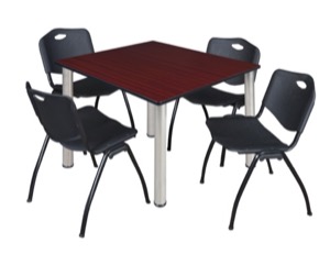 Kee 48" Square Breakroom Table - Mahogany/ Chrome & 4 'M' Stack Chairs - Black