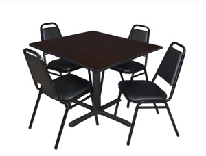 Cain 48" Square Breakroom Table - Mocha Walnut & 4 Restaurant Stack Chairs - Black