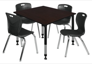 Kee 48" Square Height Adjustable Classroom Table  - Mocha Walnut & 4 Andy 18-in Stack Chairs - Black