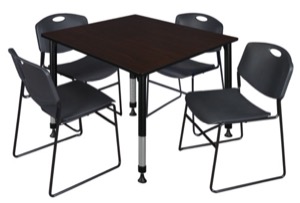 Kee 48" Square Height Adjustable Classroom Table  - Mocha Walnut & 4 Zeng Stack Chairs - Black