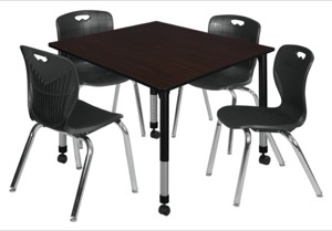 Kee 48" Square Height Adjustable Mobile Classroom Table  - Mocha Walnut & 4 Andy 18-in Stack Chairs - Black