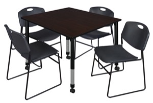 Kee 48" Square Height Adjustable Mobile Classroom Table  - Mocha Walnut & 4 Zeng Stack Chairs - Black 