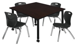 Kee 48" Square Height Adjustable Mobile Classroom Table  - Mocha Walnut & 4 Andy 12-in Stack Chairs - Black