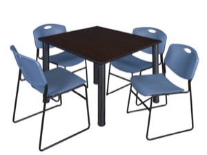 Kee 48" Square Breakroom Table - Mocha Walnut/ Black & 4 Zeng Stack Chairs - Blue