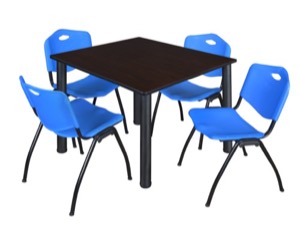 Kee 48" Square Breakroom Table - Mocha Walnut/ Black & 4 'M' Stack Chairs - Blue